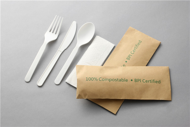 Compostable CPLA Cutlery Paper Film Wrapped Kits