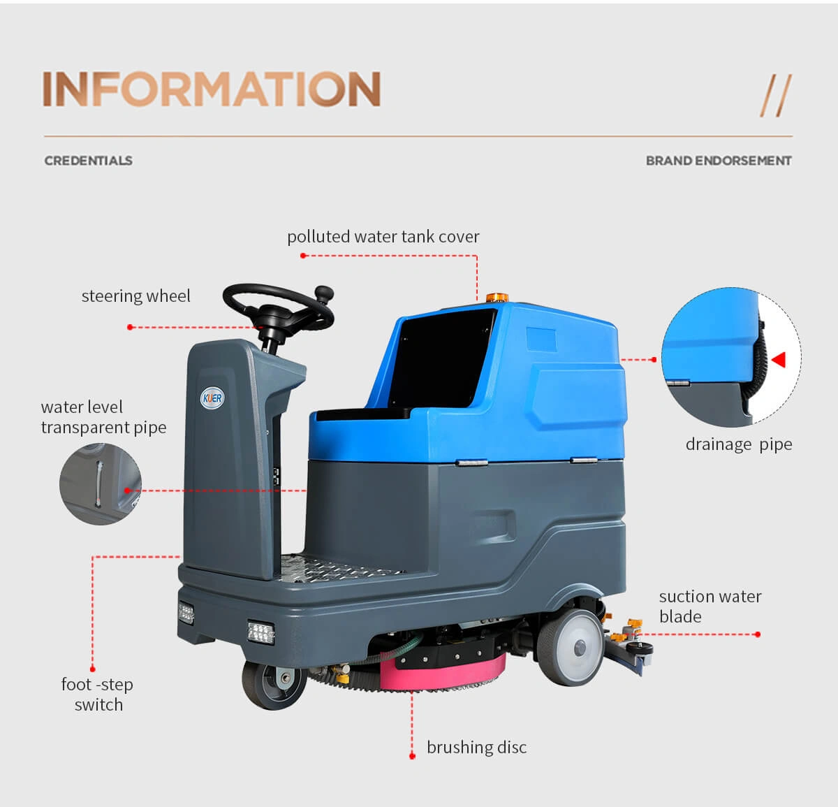 KUER H85 ride on floor scrubber information
