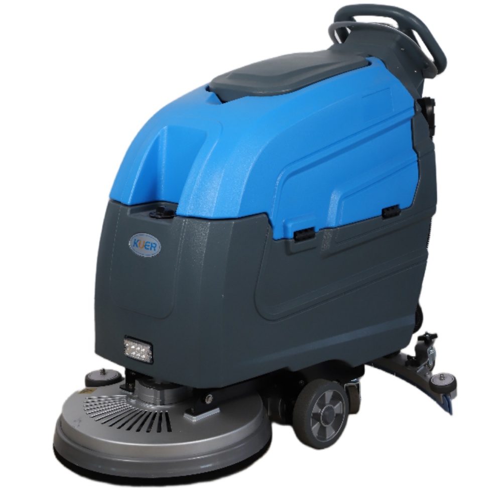 How does a ride-on floor scrubber work?