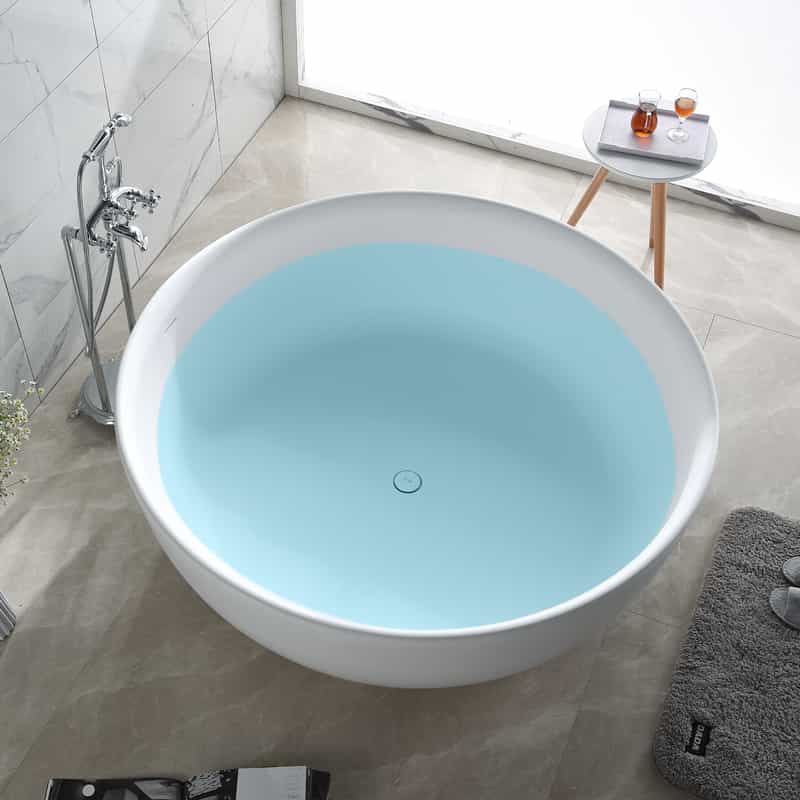 哑光白石树脂石圆形平底独立式浴缸豪华深浸深大浴室立式浴缸带内置溢流排水浴缸-圆形 1.5m Lilya 2130150