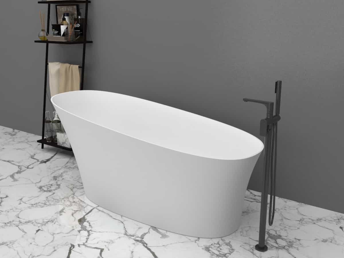 Matte White Stone Resin Stone Round Flat Bottom Freestanding Bathtub Luxury Soaking Deep Large Bathroom Standing Tub with Built in Overflow and Drain Special Shape  Lilya 2130320