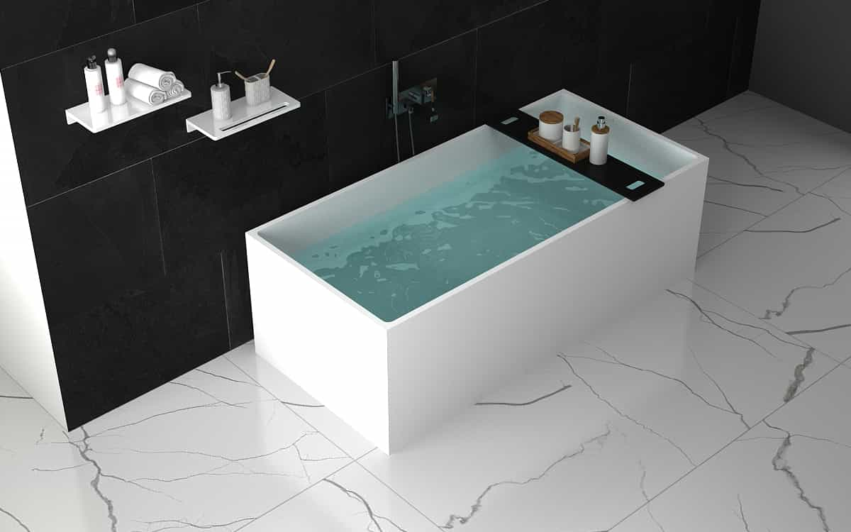 New Design Freestanding Bathtub Modern White Resin Stone Soaking Bathtub Solid Surface Bathroom Bathtub Square Shape Lilya 2120080