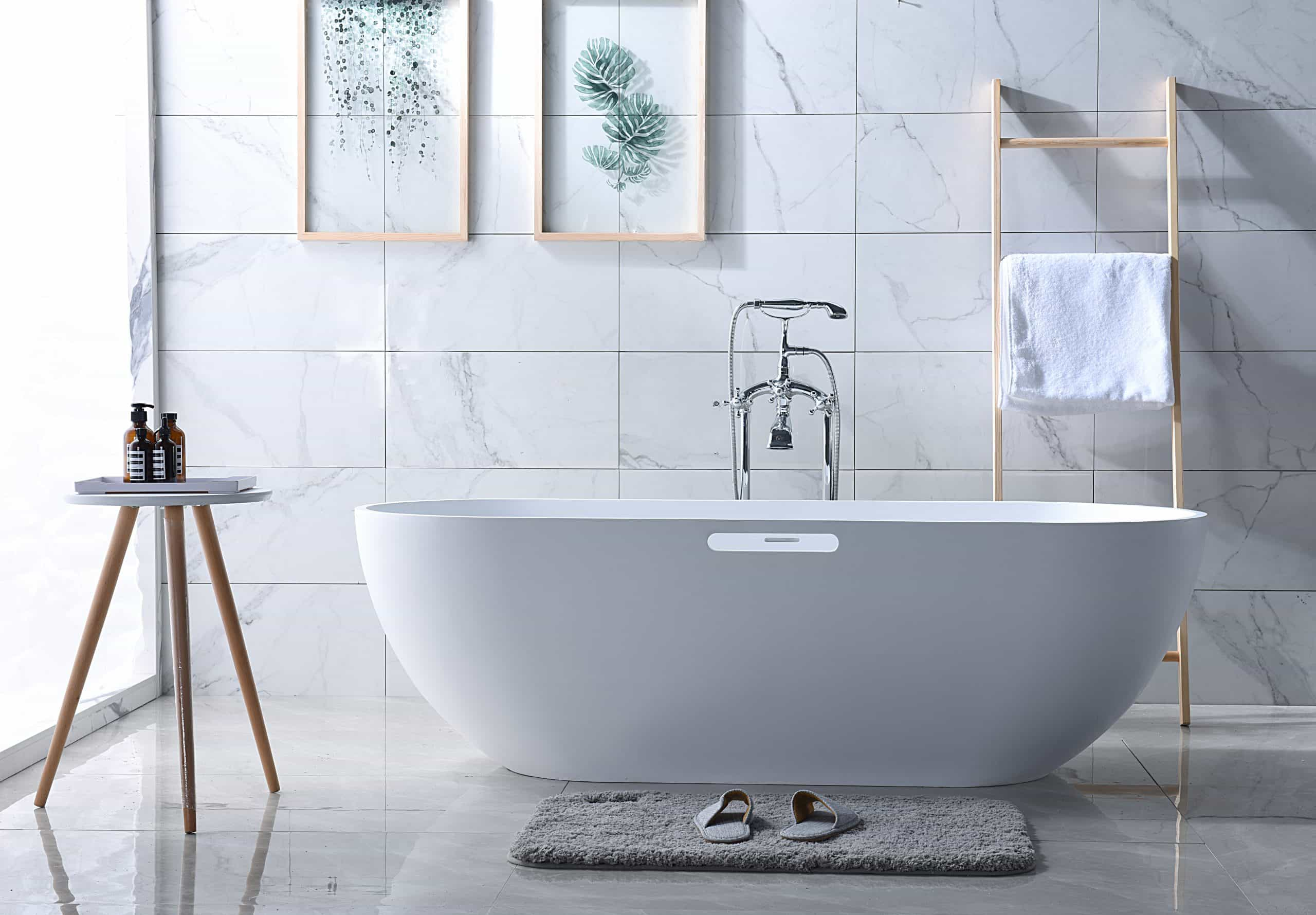 Flat Bottom Stone Resin Freestanding Bathtub Matte White Square Shape Lilya 2130200