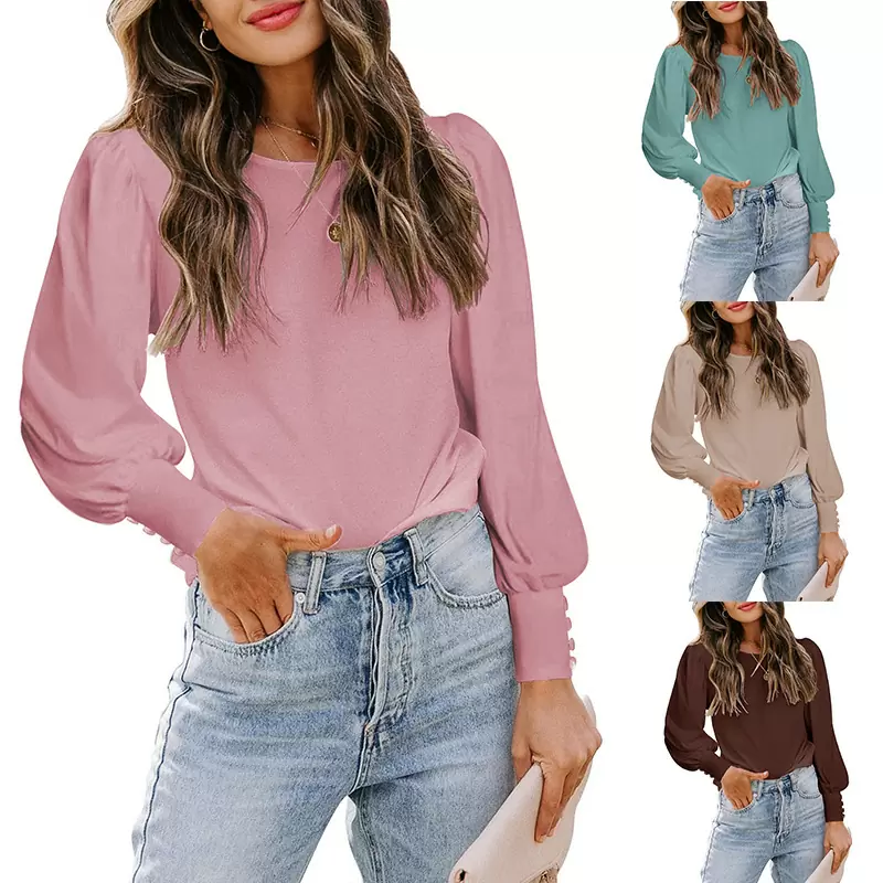 Wholesale Women's Loose Casual Bubble Sleeve Button Long Sleeve T-shirt