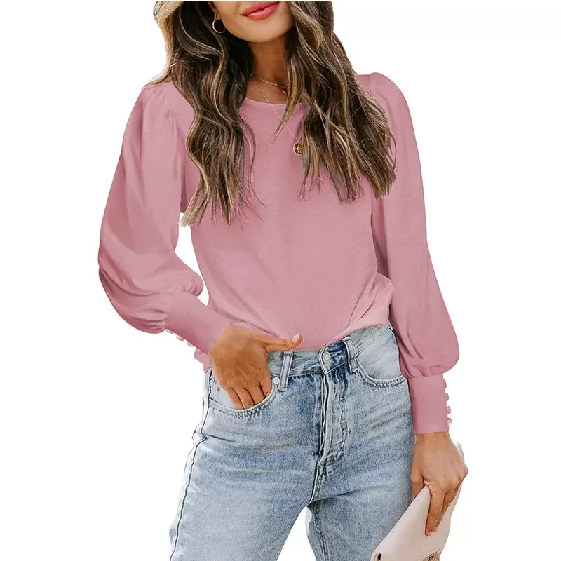 Wholesale Women's Loose Casual Bubble Sleeve Button Long Sleeve T-shirt