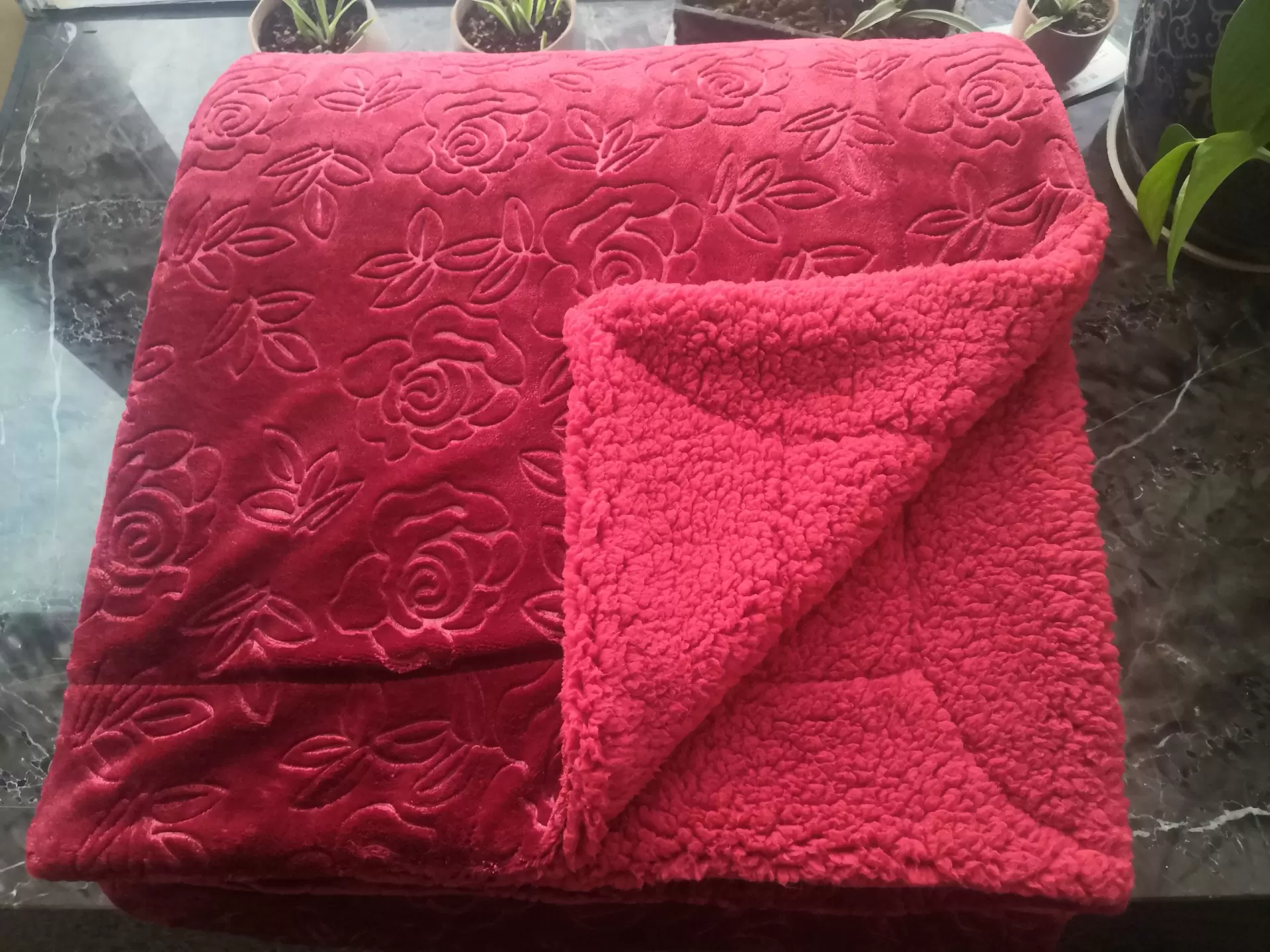 Solid Rose 3D embossed Flannel reverse matched Sherpa Blanket