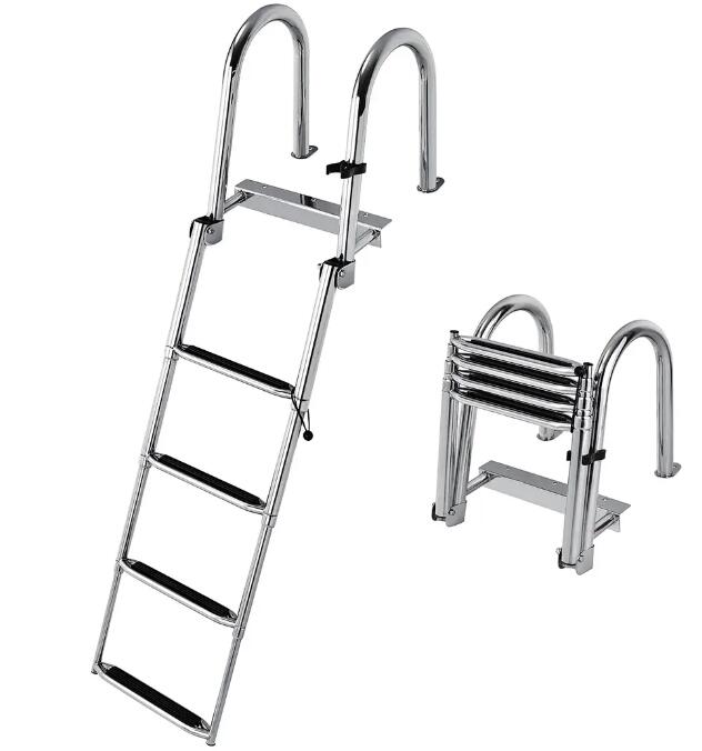 4 Steps Pontoon Boat Ladder, Folding Telescoping Ladder with Wider Pedals & Hand Railings, Stainless Steel 304