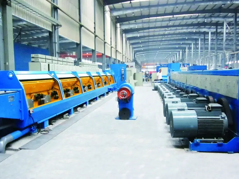 Equal-dia-wheel-type-copper-rdo-break-down-machine-driven-by-individual-motor+The drawing capstan is driven by individual motor, the machine is used for drawing Ф8mm copper rod,complete with continuous annealer, dual spooler or coiler.