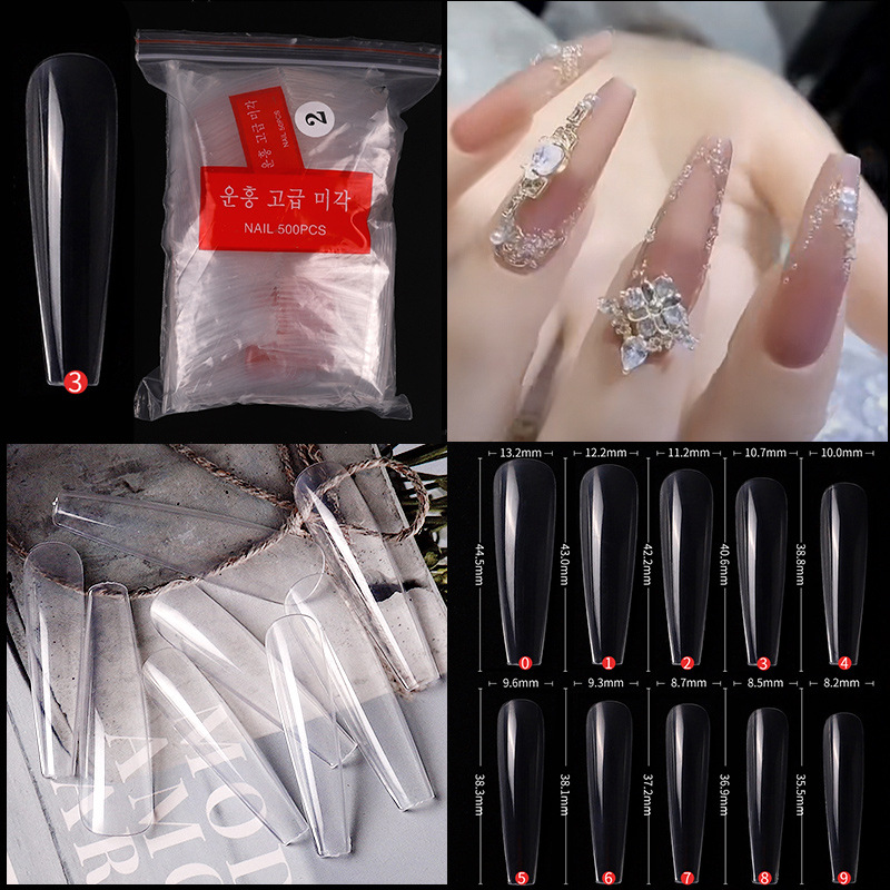 Unhas acrílicas de caixão transparente - formato de caixão de unhas falsas longas 500 peças unhas de meia cobertura em forma de caixão pontas de unhas de bailarina, arte de salão de beleza DIY 10 tamanhos com bolsa