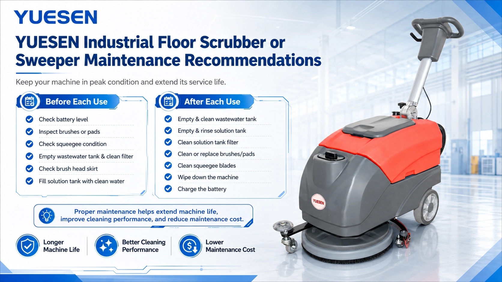 YUESEN Industrial Floor Scrubber or Sweeper Maintenance Recommendations