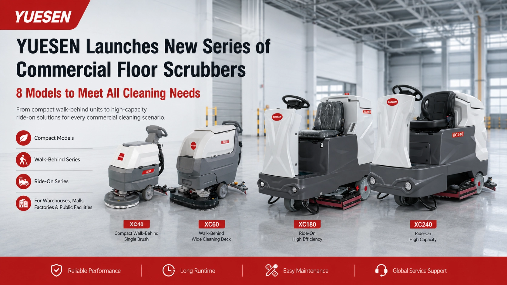 YUESEN Launches New Series of Commercial Floor Scrubbers: 8 Models to Meet All Cleaning Needs