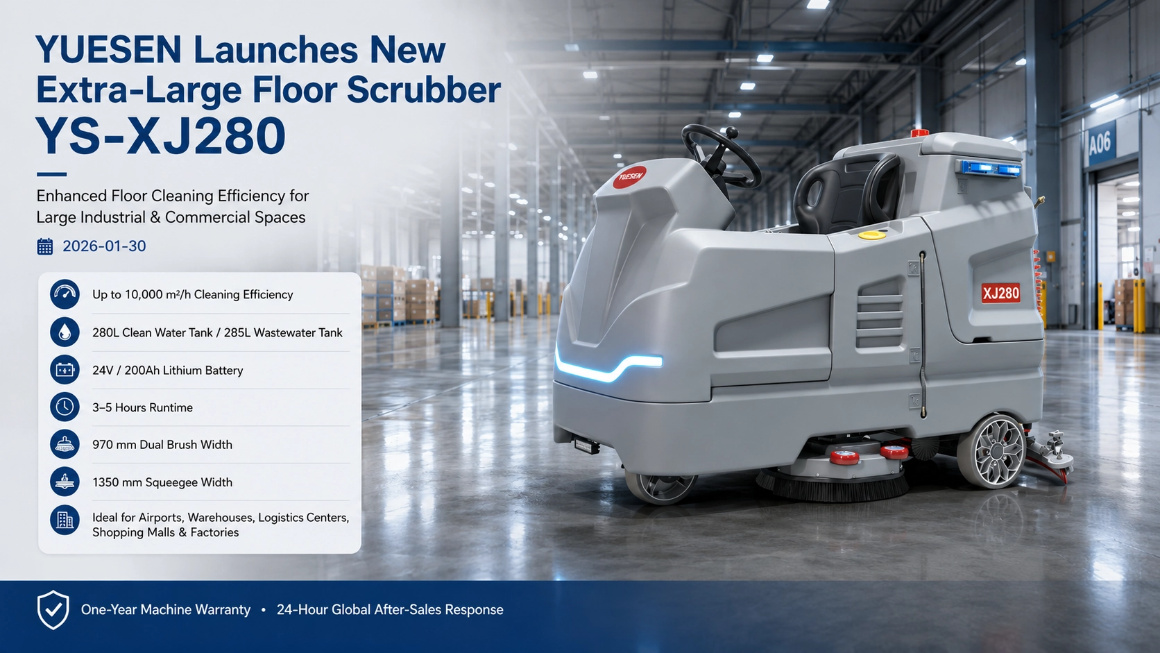 YUESEN Launches New Extra-Large Floor Scrubber YS-XJ280, Offering Enhanced Floor Cleaning Efficiency
