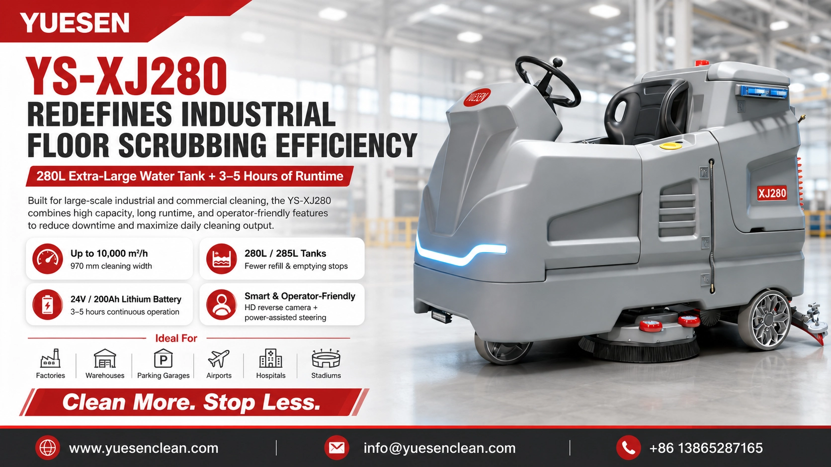 280L extra-large water tank + 3-5 hours of runtime: YS-XJ280 redefines the efficiency standard for industrial-grade floor scrubbers.